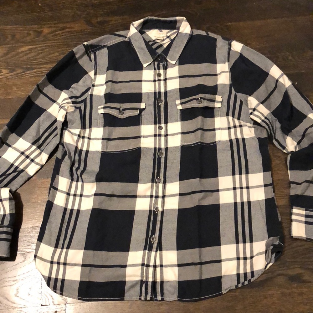 J Crew Navy And White Long Sleeve Button Top